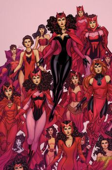 Rule 34 | 1girl, avengers (series), black bodysuit, blunt bangs, bodysuit, boots, breasts, brown hair, bustier, cape, cleavage, colored skin, comic cover, commentary, curly hair, dress, earrings, english commentary, gloves, gold earrings, green eyes, grey skin, highres, hoop earrings, jewelry, leotard, long hair, looking at viewer, marvel, medium breasts, midriff, multicolored bodysuit, multiple persona, navel, off-shoulder dress, off shoulder, official alternate costume, official art, orange hair, pants, pink background, pink bodysuit, purple cape, red boots, red bustier, red cape, red dress, red gloves, red leotard, red lips, red pants, red theme, russell dauterman, scarlet witch, short hair, wanda maximoff, western comics (style), x-men, yellow bodysuit