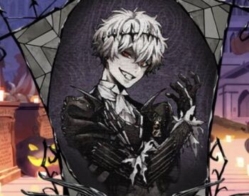 1boy aogiyuki black_crown crown diamond_hairband formal_clothes gloves jacket long_sleeves looking_at_viewer lowres male_focus pinstripe_pattern pinstripe_suit pinstripe_vest round_eyewear short_hair skully_j._graves smile solo suit the_nightmare_before_christmas twisted_wonderland vest white_hair