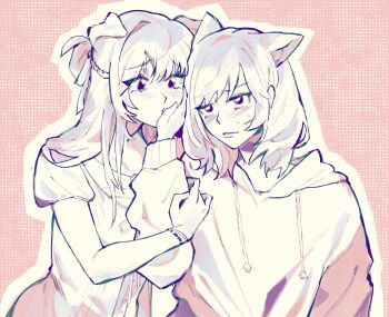 2girls absurdres animal_ears bearakero blush bracelet braid cat_ears commentary commission covering_another's_mouth dog_ears drawstring english_commentary half_up_braid highres hood hoodie jewelry kemonomimi_mode long_hair medium_hair miyagi_shiori multiple_girls pink_background puckered_lips rejected_kiss second-party_source sendai_hazuki shuuniichido_classmate_wo_kau_hanashi sweatdrop upper_body yuri