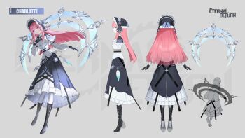 1girl aqua_feathers aqua_gem belt black_belt black_bonnet black_boots black_bow black_bowtie black_gloves black_survival blush bonnet boots bow bowtie charlotte_(black_survival) commentary eternal_return:_black_survival frilled_bonnet frills full_body gem gloves high_heel_boots high_heels highres knee_boots long_hair long_sleeves official_art pantyhose pink_hair purple_eyes reference_sheet shirt simple_background skirt smile solo white_background white_pantyhose white_shirt white_skirt