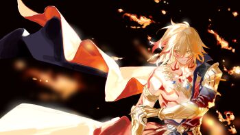 1boy absurdres akaguchi_35 arm_tattoo armlet armor bare_pectorals black_coat blonde_hair braid cape chest_tattoo clawed_gauntlets coat commentary_request earrings facial_tattoo floating_cape gold_earrings gold_necklace gradient_hair hair_between_eyes highres honkai:_star_rail honkai_(series) jewelry male_focus medium_hair multicolored_hair mydei_(honkai:_star_rail) necklace open_clothes open_coat pauldrons pectorals red_cape red_hair red_tattoo shoulder_armor side_braid side_cape single_pauldron solo tattoo toned toned_male yellow_eyes