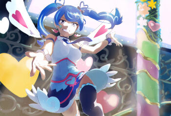 1girl alternate_form arm_up armband bare_shoulders blue_angel_(yu-gi-oh!) blue_armband blue_bow blue_choker blue_dress blue_eyes blue_hair blue_necktie blue_thighhighs blue_wrist_cuffs bow choker commentary corset dappled_sunlight dress dress_shirt facial_mark facing_viewer grin heart heart_ear_ornament heart-shaped_hair highres knee_up looking_at_viewer looking_down necktie open_hand outdoors outstretched_arm outstretched_arms outstretched_hand pillar pink_trim reaching reaching_towards_another reaching_towards_viewer shirt si_(tugi) sleeveless sleeveless_shirt smile stage stage_lights sunlight thighhighs twintails white_background white_corset white_shirt white_wings wind wings wrist_cuffs yu-gi-oh! yu-gi-oh!_vrains zaizen_aoi