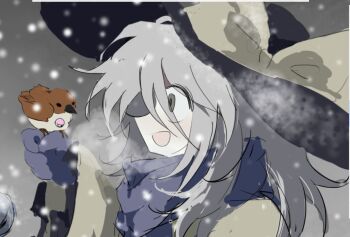 1girl :d animal bird bird_on_hand black_hat blue_gloves blue_scarf bow breath brown_bird gloves grey_background grey_eyes grey_hair hair_between_eyes hand_up hat hat_bow highres koishi_komeiji's_heart-throbbing_adventure komeiji_koishi large_bow long_hair long_hair_between_eyes long_sleeves looking_ahead looking_at_animal memojang open_mouth portrait profile scarf smile snowing solo sparrow third_eye touhou wide-eyed wide_sleeves winter_clothes yellow_bow