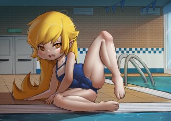 1girl annoyed arm_support bare_arms bare_legs bare_shoulders barefoot bikini blonde_hair blue_bikini cleft_of_venus collarbone eyebrows feet female_focus flat_chest full_body highres indoors kevabwtf loli long_hair looking_at_viewer lying monogatari_(series) on_side one-piece_swimsuit open_mouth oshino_shinobu pointy_ears pool school_swimsuit solo swimsuit teeth toenails toes upper_teeth_only vampire water yellow_eyes