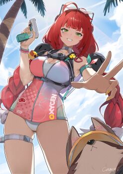 1girl 1other absurdres ahoge animal armband artist_name bare_shoulders beach blue_sky blush bracelet braid braided_twintails breasts camera camera_around_neck camus_(luthfancamus) cleavage cloud collarbone commentary cowboy_shot english_commentary eyewear_on_head facial_mark from_below gradient-tinted_eyewear green_eyes grin hair_ornament hair_ribbon heart heart-shaped_eyewear heart_facial_mark highres holding holding_water_gun jewelry kamanosuke_(zenless_zone_zero) long_hair looking_at_viewer medium_breasts multiple_hair_ribbons official_alternate_costume one-piece_swimsuit outdoors palm_tree parted_lips raccoon red_hair ribbon sky smile sphere_hair_ornament summer swimsuit tanuki thigh_strap tinted_eyewear tree two-tone_one-piece_swimsuit ukinami_yuzuha ukinami_yuzuha_(tanuki_in_broad_daylight) v-shaped_eyebrows w water_gun yellow_nails zenless_zone_zero