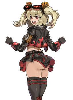 1girl :d ass biker_clothes black_gloves black_jacket black_thighhighs blonde_hair burnice_white fingerless_gloves frilled_skirt frills from_behind gloves hair_between_eyes highres jacket knees_out_of_frame legs_together looking_at_viewer looking_back open_mouth red_eyes simple_background skirt smile solo spiked_jacket standing teeth thighhighs twintails upper_teeth_only vincentsu white_background zenless_zone_zero
