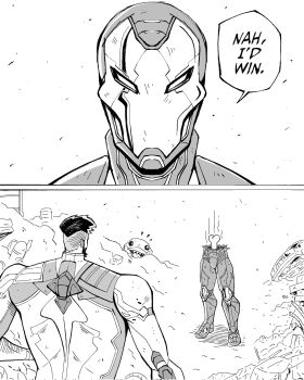 among_us among_us_logic animification arc_reactor armor avengers_(series) black_hair bodysuit bone death el_igno facial_hair fantastic_four full_armor helmet highres iron_man iron_man_(series) jeff_(marvel) jujutsu_kaisen male_focus marvel marvel_rivals meme monochrome nah_i&#039;d_win_(meme) power_armor reed_richards shitpost short_hair superhero_costume