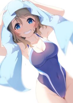 1girl amagi_(volfuji) blue_eyes blue_one-piece_swimsuit blush breasts brown_hair cleavage collarbone commentary_request competition_swimsuit grey_hair looking_at_viewer love_live! love_live!_sunshine!! medium_breasts one-piece_swimsuit short_hair smile solo swimsuit towel towel_on_head watanabe_you wavy_hair white_background