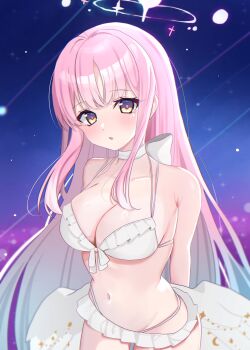 1girl aqua_hair arms_behind_back bare_shoulders bikini blue_archive blush breasts cleavage collarbone commentary_request frilled_bikini frills gradient_hair halo highres large_breasts long_hair looking_at_viewer mika_(blue_archive) mika_(swimsuit)_(blue_archive) multicolored_eyes multicolored_hair navel night official_alternate_costume official_alternate_hairstyle open_mouth outdoors pink_hair pink_halo purple_eyes shooting_star smile solo stomach swimsuit two-tone_eyes upper_body very_long_hair white_bikini wing_ornament yellow_eyes yoshino_(mfmfpng)
