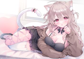 1girl :o absurdres animal_ear_fluff animal_ears babydoll bell black_babydoll black_shoes blush breasts brown_cardigan brown_hair cardigan cat_ears cat_girl cat_tail cleavage commentary commission eyeshadow hand_up highres indie_virtual_youtuber indoors kabashima_hana large_breasts long_hair looking_at_viewer lying makeup mole mole_under_eye neck_bell off_shoulder on_side open_mouth pink_eyeshadow red_eyes shoes single_thighhigh skeb_commission solo tail thighhighs two_side_up uise_iu virtual_youtuber wavy_hair white_thighhighs