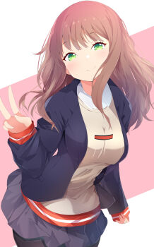 1girl aru_(arudes) black_pantyhose blazer breasts brown_hair closed_mouth commentary_request green_eyes gridman_universe highres jacket long_hair long_sleeves looking_at_viewer minami_yume pantyhose pleated_skirt school_uniform shirt simple_background skirt smile solo ssss.dynazenon sweater v