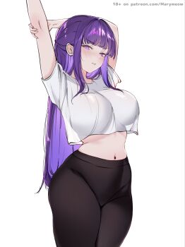 1girl arms_up black_pants blush breasts closed_mouth fern_(sousou_no_frieren) highres large_breasts long_hair looking_at_viewer maria_(marymeow) navel paid_reward_available pants patreon_username purple_eyes purple_hair revision shirt short_sleeves simple_background solo sousou_no_frieren stomach t-shirt white_background white_shirt