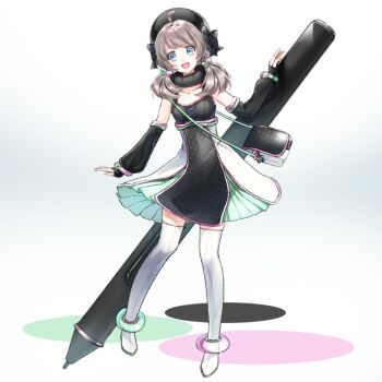 Rule 34 | 1girl, ahoge, anklet, bag, black bow, black gloves, black headwear, blue eyes, boots, bow, breasts, brown hair, cleavage, dress, elbow gloves, female focus, full body, gloves, gradient background, hair bobbles, hair bow, hair ornament, handbag, hitsuji kumo, jewelry, knee boots, looking at viewer, original, oversized object, personification, short twintails, simple background, small breasts, solo, standing, stylus, table, tachi-e, thighhighs, twintails, wacom, white background, white thighhighs