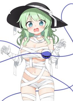 1girl bandaged_arm bandaged_torso bandages black_hat blush breasts claw_pose cleavage commentary_request eyeball gluteal_fold green_eyes green_hair hat highres komeiji_koishi long_hair medium_breasts naked_bandage navel open_mouth simple_background solo standing suwa_yasai third_eye touhou v-shaped_eyebrows white_background