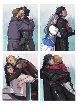 Rule 34 | 1girl, 4boys, absurdres, arms around neck, arms around waist, beard stubble, black cloak, black gloves, black hair, black pants, blonde hair, blue ribbon, blush, border, braid, brothers, brown hair, cidolfus telamon, clive rosfield, cloak, closed eyes, coat, cowboy shot, facial hair, facial mark, final fantasy, final fantasy xvi, gav (ff16), gloves, grey hair, grin, hair between eyes, hair ribbon, highres, hug, hug from behind, jill warrick, joshua rosfield, kaciart, layered skirt, long hair, low-tied long hair, multiple boys, pants, parted lips, purple coat, red shirt, red vest, ribbon, shirt, short hair, siblings, side braid, skirt, smile, stubble, teeth, vest, white border, white shirt