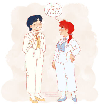 2girls :o arms_behind_back blue_hair blue_shoes blue_vest blush border breasts brown_necktie brown_shoes brown_vest closed_eyes commentary crossdressing dress_pants dress_shirt english_commentary flower grin groom hand_on_own_thigh highres jacket long_sleeves medium_breasts medium_hair multiple_girls necktie nose_blush open_mouth pants pocket_square ranma-chan ranma_1/2 shirt shirt_flower shoes short_hair side_ponytail signature simple_background smile smug socks speech_bubble tamak0 tendou_akane v-shaped_eyebrows vest wedding_suit white_border white_flower white_jacket white_pants white_shirt white_socks yellow_background yuri