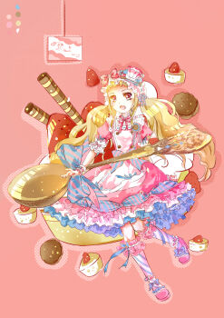 Rule 34 | 1girl, absurdres, ankle bow, ankle ribbon, apron, badge, blonde hair, blue bow, blue ribbon, bow, bow legwear, bowtie, brown eyes, buttons, cake, chinese commentary, cinnamon stick, color guide, commentary request, cracker, cup, determined, dot nose, dreamy afternoon tea (miracle nikki), dress, drop shadow, eyelashes, food, forehead, frilled apron, frilled dress, frilled hairband, frilled sleeves, frilled socks, frilled wrist cuffs, frills, fruit, full body, hair bow, hair ornament, hair ribbon, hairband, halftone, highres, holding, holding spoon, kneehighs, light particles, lolita fashion, lolita hairband, long hair, looking ahead, low twintails, mary janes, medium dress, miracle nikki, muriel miaoke, nikki (series), open mouth, oversized object, partial commentary, pink background, pink bow, pink bowtie, pink dress, pink shoes, pink wrist cuffs, puffy short sleeves, puffy sleeves, ribbon, ribbon-trimmed hairband, saucer, shoes, short sleeves, sleeve bow, socks, solo, spoon, strawberry, strawberry shortcake, striped bow, striped clothes, striped socks, sweet lolita, teacup, teeth, twintails, upper teeth only, very long hair, waist bow, wavy hair, white apron, white hairband, white socks, wrist bow, wrist cuffs