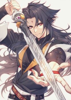 1boy black_hair black_jacket commentary_request frown hazzyiii1108 holding holding_sword holding_weapon jacket long_hair looking_at_viewer male_focus partially_unzipped red_eyes signature simple_background solo sword upper_body v-shaped_eyebrows weapon white_background ye_shiyuan zenless_zone_zero