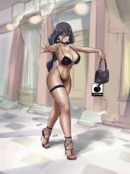 1girl alternate_breast_size_(larger) anklet artist_logo artist_name bag black_hair black_sandals bra breasts curvy earrings feet full_body grey_eyes hair_between_eyes hair_ribbon handbag hex_maniac_(pokemon) hex_maniac_(pokemon_legends:_z-a) high_heel_sandals high_heels highleg highleg_panties highres holding jewelry lace lace-trimmed_panties lace_trim large_breasts legs lingerie linkartoon logo long_sleeves low_ponytail mature_female nintendo open-toe_shoes outdoors panties parted_lips pokemon pokemon_legends:_z-a ponytail purple_ribbon ribbon sandals shadow shiny_skin sketch_background solo sound_effects stiletto_heels strappy_heels thigh_strap thong toenails toes underwear walking wide_hips