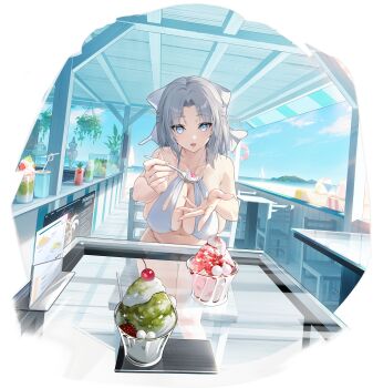 1girl artist_request azur_lane bare_shoulders beach bikini blue_eyes blue_sky bow breasts chair cherry cleavage cloud collarbone day dessert feeding feet_out_of_frame food fruit grey_hair hair_bow halterneck highres holding holding_spoon huge_breasts ice_cream incoming_food large_breasts leaning_forward looking_at_viewer medium_hair navel non-web_source ocean official_alternate_costume official_art open_mouth outdoors parfait parted_bangs pov_dating reflection reflective_table restaurant senran_kagura sitting sky spoon summer sundae swimsuit table umbrella white_bikini white_bow wooden_chair wooden_floor yumi_(afternoon_teatime)_(senran_kagura) yumi_(senran_kagura)
