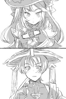 1boy 1girl armor blunt_bangs blunt_ends blush bodysuit box bridal_gauntlets cape closed_mouth covered_collarbone detached_sleeves fur_collar genshin_impact gift gift_box gloves hat hetero highres holding holding_gift index_finger_raised japanese_armor jingasa kote lili_hdk long_hair looking_at_viewer mandarin_collar mona_(genshin_impact) monochrome parted_lips pointing pointing_at_self raised_eyebrows scaramouche_(genshin_impact) shoulder_peek sidelocks split_screen twintails valentine wanderer_(genshin_impact) watermark witch_hat