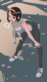 1girl apple_watch ass bent_over black_hair blush bob_cut breasts brown_eyes brown_socks character_request cleavage copyright_request downblouse dusk exercising female_focus full_body hairband hand_on_own_knee heavy_breathing highres legs long_legs looking_at_viewer medium_breasts midriff nisetanaka open_mouth orange_hairband pants scarf shoes smartwatch sneakers socks solo sports_bra striped_clothes striped_scarf sweat swept_bangs watch wristband wristwatch yoga_pants
