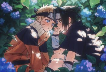 Rule 34 | 2boys, black hair, black shirt, blonde hair, blue eyes, blue flower, blush, brown eyes, collared shirt, curtained hair, elbow on knee, facial mark, flower, flower request, forehead protector, haruiro (hrm ino), headband, highres, jacket, konohagakure symbol, leaf, long sleeves, male focus, multiple boys, naruto (classic), naruto (series), orange jacket, plant, shirt, short hair, spiked hair, uchiha sasuke, uzumaki naruto, whisker markings