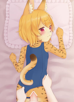 absurdres anal animal_ear_fluff blonde_hair blush cat_girl censored clothes_pull furry furry_female furry_with_non-furry highres interspecies looking_at_viewer nirunirin one-piece_swimsuit one-piece_swimsuit_pull original patterned penis pov red_eyes russian_commentary sex swimsuit tears thick_eyebrows torso_grab