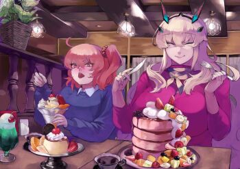 2girls absurdres ahoge barghest_(fate) blonde_hair breasts brown_eyes closed_eyes desert fate/grand_order fate_(series) food fork fruit fujimaru_ritsuka_(female) gumi_(the_eye_of_darkness) hair_between_eyes highres holding holding_fork holding_knife horns huge_breasts knife lips long_hair multiple_girls open_mouth orange_hair pancake pancake_stack parfait plant potted_plant side_ponytail smile sweater very_long_hair whipped_cream