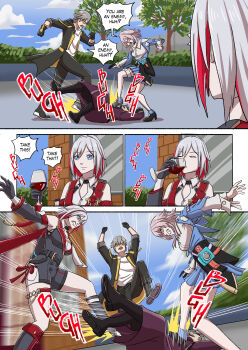 Rule 34 | 2boys, 2girls, absurdres, alcohol, bare shoulders, black boots, black jacket, black pants, blue eyes, blue skirt, boots, breasts, brown hair, caelus (honkai: star rail), camera, chinese clothes, closed eyes, commentary, commission, detached sleeves, english commentary, english text, grey hair, highres, honkai: star rail, honkai (series), ivanshinoda, jacket, jojo no kimyou na bouken, kicking, large breasts, march 7th (honkai: star rail), medium breasts, multicolored hair, multiple boys, multiple girls, open clothes, open jacket, pants, pink hair, red hair, short hair, skirt, skott (honkai: star rail), stomping, topaz (honkai: star rail), trailblazer (honkai: star rail), tree, wine