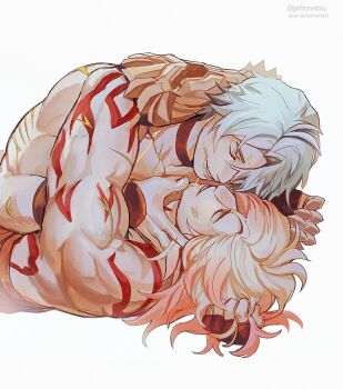 Rule 34 | 2boys, absurdres, antenna hair, arm tattoo, black choker, blonde hair, blood, blood from mouth, braid, chest tattoo, choker, clawed gauntlets, closed eyes, commentary, english commentary, facial tattoo, gothcowboyz, gradient hair, highres, honkai: star rail, honkai (series), hug, injury, male focus, medium hair, multicolored hair, multiple boys, mydei (honkai: star rail), parted bangs, phainon (honkai: star rail), red hair, red tattoo, short hair, side braid, simple background, tattoo, topless male, white background, white hair, yaoi, yellow blood