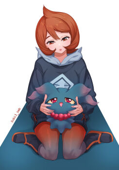 1girl absurdres arezu_(pokemon) blue_hoodie blush breasts colored_sclera cowlick diamond_clan_outfit gen_2_pokemon gradient_clothes gradient_legwear gradient_pantyhose highres holding holding_pokemon hood hoodie jacket long_sleeves misdreavus nintendo obi3 open_mouth pantyhose pantyhose_under_shorts pokemon pokemon_(creature) pokemon_legends:_arceus red_eyes red_hair red_pantyhose sandals short_hair shorts sitting smile two-tone_legwear two-tone_pantyhose wariza yellow_eyes yellow_sclera