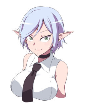 1girl bikini black_hair breasts choker collared_shirt commentary elf green_eyes highres large_breasts natsumi_chorisuke necktie original pointy_ears shirt simple_background solo swimsuit white_background white_shirt