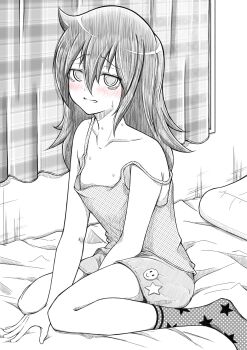 Rule 34 | 1girl, azuminonomizua, bags under eyes, blush, commentary request, greyscale, highres, indoors, kuroki tomoko, long hair, looking at viewer, messy hair, mojyo, monochrome, on bed, parted lips, shorts, socks, solo, spot color, tank top, watashi ga motenai no wa dou kangaetemo omaera ga warui!
