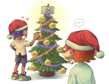 ... 1boy 1girl anemoneno1_(splatoon) ariamikukanzaki black_shorts blue_hair christmas_ornaments christmas_tree commentary dark-skinned_male dark_skin english_commentary hand_on_own_hip hat heart hirooooo_(splatoon) inkling nintendo octoling orange_hair photo_(object) pointy_ears santa_hat shirt shoes shorts signature sneakers sparkle splatoon_(series) splatoon_3 spoken_ellipsis tentacle_hair veronika_(splatoon) white_shirt