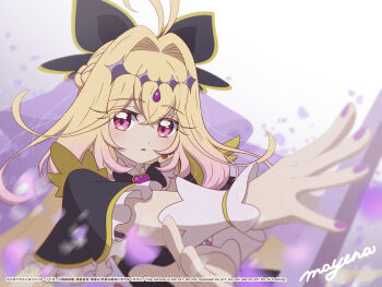 Rule 34 | 1girl, antenna hair, artist name, black bow, black bowtie, black capelet, black dress, blonde hair, bow, bowtie, braid, brooch, capelet, commentary, crown braid, cure arcana shadow, diamond hairband, dress, foreshortening, frilled capelet, frilled cuffs, frills, gradient hair, hair bow, hair intakes, heart, heart brooch, highres, jewelry, long hair, looking at viewer, magical girl, mayena, meitantei precure!, moria luluka, multicolored hair, parted lips, petals, precure, purple eyes, purple veil, signature, solo, upper body, veil, very long hair