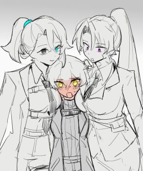 3girls alternate_costume alternate_hair_length alternate_hairstyle arm_at_side blue_eyes blush breast_sandwich breasts bright_pupils chest_harness closed_mouth coat collared_shirt commentary crossed_bangs dress_shirt embarrassed english_commentary eyelashes facial_scar full-face_blush full-stop_office_(identity)_(project_moon) genderswap genderswap_(mtf) girl_sandwich grey_background hair_between_eyes hair_bobbles hair_intakes hair_ornament harness heathcliff_(project_moon) height_difference high_ponytail highres hong_lu_(project_moon) jacket lapels large_breasts limbus_company long_hair long_sleeves looking_at_another looking_at_viewer medium_breasts medium_hair multiple_girls necktie office_lady oldqianze one_side_up open_clothes open_coat open_mouth pelvic_curtain pencil_skirt ponytail project_moon purple_eyes ribbed_sweater sandwiched scar scar_on_cheek scar_on_face shirt side_slit sinclair_(project_moon) single_hair_intake skirt slit_pupils smile spot_color suit_jacket sweater tearing_up tears undershirt white_pupils wing_collar yellow_eyes yuri