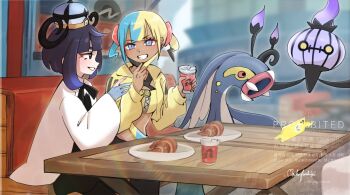 2girls black_dress black_ribbon blue_eyes canari_(pokemon) chandelure coat commentary_request croissant cup disposable_cup dress eelektross eyelashes food gen_5_pokemon gloves grin gwynn_(pokemon) hand_up hat holding holding_cup jacket mask mask_pull mocha_fushigi mouth_mask multicolored_hair multiple_girls neck_ribbon nintendo partially_fingerless_gloves pokemon pokemon_(creature) pokemon_legends:_z-a ribbon short_twintails signature sitting smile table teeth twintails watermark white_coat yellow_jacket zipper zipper_pull_tab