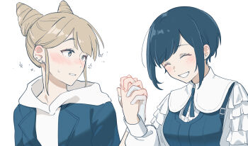 Rule 34 | 2girls, :d, ^ ^, blonde hair, blue hair, blush, closed eyes, collared shirt, commentary request, cone hair bun, double bun, frilled shirt, frilled sleeves, frills, fukurai azami, gloves, hair bun, highres, holding hands, hood, hood down, interlocked fingers, jasmine (toshi densetsu kaitai center), long sleeves, looking at another, multiple girls, open mouth, shinkishi, shirt, short hair, simple background, smile, toshi densetsu kaitai center, upper body, vest, white background, white gloves, yuri