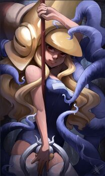 1girl blonde_hair dripping genderswap genderswap_(mtf) headgear highres holding holding_polearm holding_weapon long_hair looking_at_viewer mateus_upd midnight_bliss nool polearm red_eyes school_swimsuit solo squid swimsuit tentacles thighhighs warzard water weapon wet