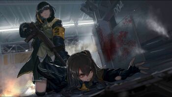 2girls aiming armband assault_rifle bleeding blood duplicate flashback girls'_frontline gloves gun headphones headphones_around_neck jacket m16 m16a1 m16a1_(girls'_frontline) multiple_girls no_eyepatch official_art pinned rifle side_ponytail spoilers ump45_(girls'_frontline) weapon