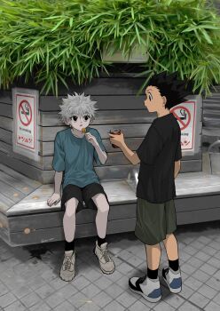 2boys bench black_hair black_shirt black_socks blue_shirt can drink_can eye_contact gon_freecss grey_hair grey_shorts highres holding holding_can hunter_x_hunter killua_zoldyck looking_at_another male_focus multiple_boys no_smoking open_mouth outdoors sha_nato shirt shoes short_hair short_sleeves shorts sign sitting sneakers socks soda_can spiked_hair standing t-shirt white_shoes
