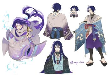 Rule 34 | 1boy, adapted costume, ahoge, alternate hair length, alternate hairstyle, animal print, anya lolz, armpit crease, arms at sides, arrow (symbol), bird print, birthmark, black choker, black haori, black sandals, black shirt, black shorts, blue gem, blue kimono, blue rope, blush, bowing, chibi, chibi inset, chinese knot, choker, choppy bangs, closed eyes, closed mouth, clothing cutout, commentary, covered collarbone, earrings, empty eyes, english commentary, facing viewer, feathers, folding fan, furisode, gem, genshin impact, geta, gold, gold earrings, gradient sleeves, hair between eyes, hair intakes, hand fan, haori, highres, holding, holding fan, japanese clothes, jewelry, kariginu, kimono, layered sleeves, long hair, looking at viewer, low-tied long hair, male focus, mitsudomoe (shape), multiple views, neck ring, obi, obiage, off shoulder, pants, pink lips, pom pom (clothes), purple hair, purple kimono, purple pants, purple sash, purple sleeves, red rope, reference sheet, rope, sandals, sash, scaramouche (genshin impact), scaramouche (kabukimono) (genshin impact), seigaiha, shimenawa, shirt, shorts, shoulder cutout, sleeves past fingers, sleeves past wrists, smile, solo, standing, string, sweatdrop, tassel, tomoe (symbol), turtleneck, turtleneck shirt, twitter username, very long hair, vision (genshin impact), wanderer (genshin impact), white background, white kimono, white sleeves, wide sleeves, wind, yellow feathers