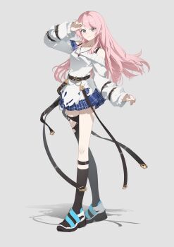 Rule 34 | 1girl, absurdres, asymmetrical legwear, bang dream!, bang dream! it's mygo!!!!!, black socks, black thighhighs, blue skirt, chihaya anon, chinese commentary, closed mouth, commentary request, commission, evangeline0 0, full body, grey background, grey eyes, highres, kneehighs, long hair, long sleeves, looking at viewer, mismatched legwear, pink hair, plaid clothes, plaid skirt, pleated skirt, second-party source, skirt, socks, solo, standing, sweater, thighhighs, torn clothes, torn thighhighs, white sweater