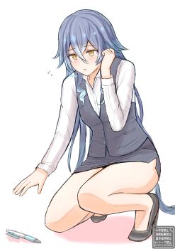 Rule 34 | 1girl, absurdres, alternate costume, black shoes, black skirt, black vest, blue hair, collared shirt, commentary request, contemporary, genshin impact, highres, layla (genshin impact), long hair, long sleeves, mekechu3, miniskirt, office lady, pen, shirt, shoes, simple background, skirt, solo, squatting, thighs, vest, white background, white shirt, yellow eyes
