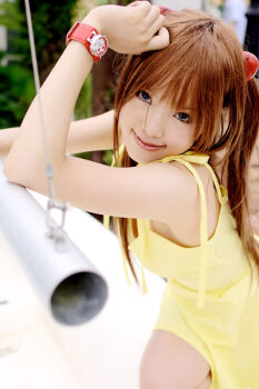 Rule 34 | 1girl, asian, blue eyes, boat, breasts, choker, color contacts, cosplay, dress, female focus, hairpods, kipi-san, long hair, looking at viewer, neon genesis evangelion, orange hair, outdoors, petite, photo (medium), short dress, small breasts, smile, solo, souryuu asuka langley, souryuu asuka langley (cosplay), sundress, two side up, watercraft