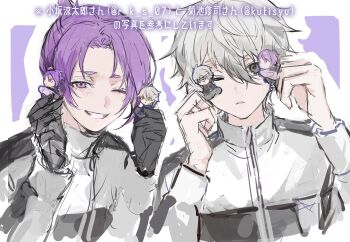 Rule 34 | 2boys, arms up, black gloves, black jacket, blue lock, chibi, commentary request, gloves, grey eyes, hands up, high ponytail, highres, holding, jacket, light blush, long sleeves, messy hair, mikage reo, mini person, multicolored jacket, multiple boys, nagi seishirou, one eye closed, outline, ponytail, purple background, purple eyes, purple hair, short hair, short ponytail, simple background, smile, teeth, text focus, white background, white hair, white jacket, white outline, yaoi, ysokzo
