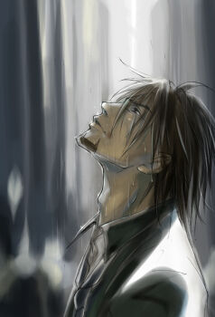 10s 1boy bad_id bad_pixiv_id brown_eyes brown_hair bruise facial_hair gradient_background injury kaburagi_t._kotetsu male_focus nagasaki_yuko necktie rain short_hair solo stubble tiger_&amp;_bunny