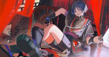 1boy absurdres armor black_hair black_hat black_kimono black_mask black_sandals black_shorts black_sleeves blunt_ends choppy_bangs colored_inner_hair covered_collarbone crossed_legs curtains feet foot_focus furisode genshin_impact gnosis_(genshin_impact) gold grey_sleeves hair_intakes hat highres holding indoors japanese_armor japanese_clothes jewelry jingasa juban kimono kote kurokote layered_sleeves leaning_back looking_at_viewer male_focus mask_on_hat mitsudomoe_(shape) multicolored_hair neck_ring o-ring open_clothes open_kimono purple_eyes purple_hair purple_rope purple_sash purple_sleeves red_hair red_hat red_kimono red_pupils red_sash rope rtms sandals sash scaramouche_(genshin_impact) see-through_clothes see-through_veil shimenawa short_sleeves shorts sidelighting sitting solo stirrup_legwear tassel toeless_legwear toenails toes tomoe_(symbol) tongue tongue_out tsurime twitter_username unworn_hat unworn_headwear unworn_veil veil white_kimono white_rope zouri