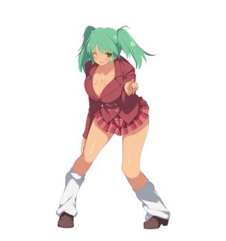 00s 10s 1girl blush breasts cleavage dark-skinned_female dark_skin female_focus full_body green_eyes green_hair highres ikkitousen large_breasts leaning_forward looking_at_viewer marvelous matching_hair/eyes official_art one_eye_closed open_mouth red_skirt ryofu_housen school_uniform senran_kagura senran_kagura:_estival_versus skirt smile solo standing twintails yaegashi_nan